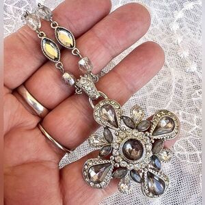 Vintage Rhinestone Silver & Smoke Pendant Necklace